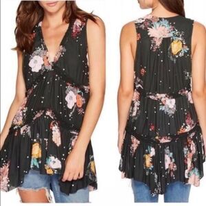 Free People Haze Charcoal Multi Floral Hi-Lo V-Neck Tiered Sleeveless Tunic L